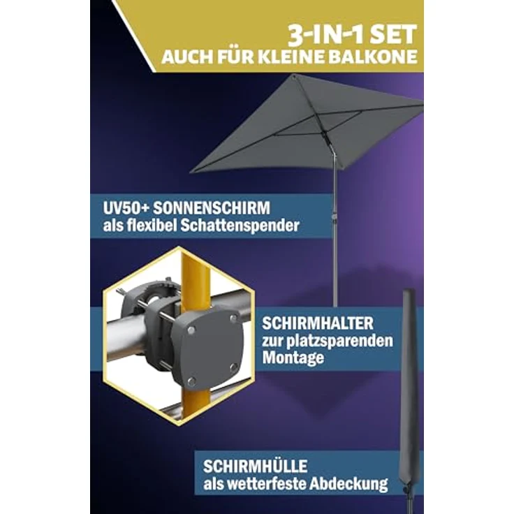 Menz Sonnenschirm Balkon - 3-IN-1 Sonnenschutz Balkon SET in Anthrazit, UPF 50+ Sonnenschirm rechteckig 200x125 cm + kompakter Sonnenschirmhalter Balkongeländer + Sonnenschirmhülle – Bild 7