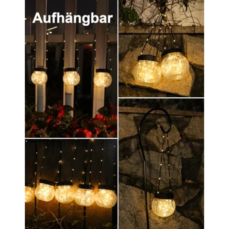 ROTTOGOON 6 Stück Solarlampen für Außen Hängend, Rissmuster Glaskugeln | Dekorative Hängend Solarbeleuchtung mit Griff, IP65 wasserdicht, Solarleuchten für Weihnachtsdekoration, Balkon, Terrasse – Bild 5