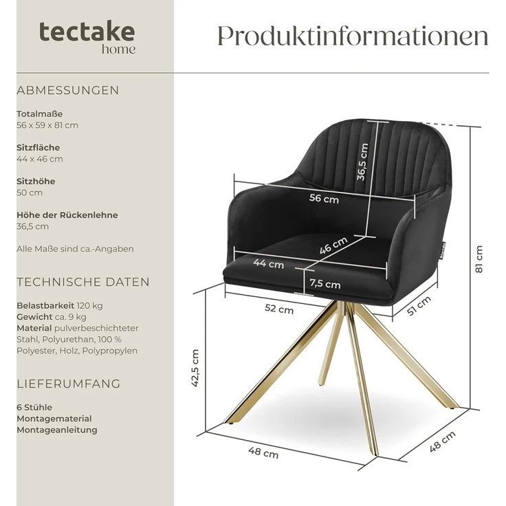 tectake Esszimmerstuhl Samt-Drehstuhl (4er Set, 4 St), gepolstert – Bild 3