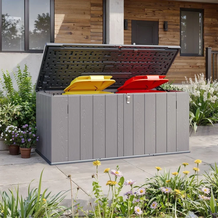Aoxun Gartenbox aus Harz 600L,Auflagenbox Wasserdicht Außenmaße:142 x 67 x 63 cm,Wetterfest,Abschließbar,Grau – Bild 1