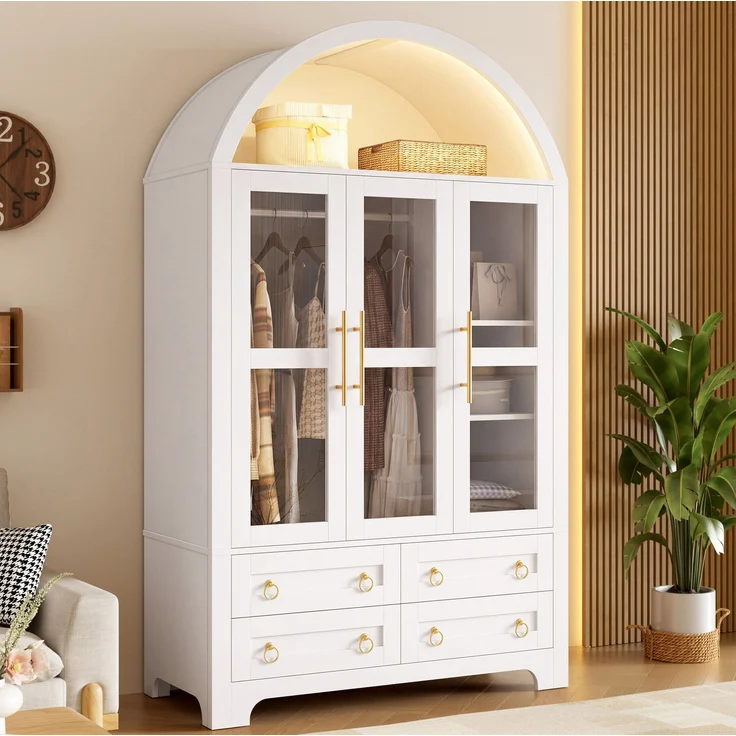 Kleiderschrank 110 x 50 x 186 cm mit 3 Glastüren, 4 Schubladen und App-steuerbarer LED-Beleuchtung – Weiß – Bild 3