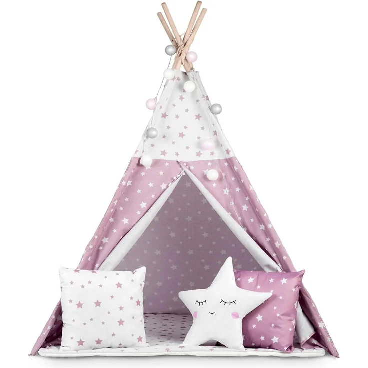 NUKIDO Kindertipi im Montessori-Stil Baumwolle und Holzrahmen mit Isoliermatte 3 Kissen Girlande Luftig 120 x 120 x 165 cm Rosa mit Sternen – Bild 4