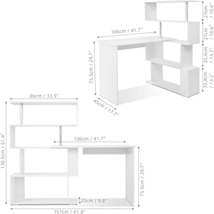 Mondeer Computertisch L-Förmig, Eckschreibtisch, mit 360 Grad Drehbarem Bücherregal für Arbeitszimmer Wohnzimmer Büro 157 x 45 x 130,5 cm, Weiß – Bild 4