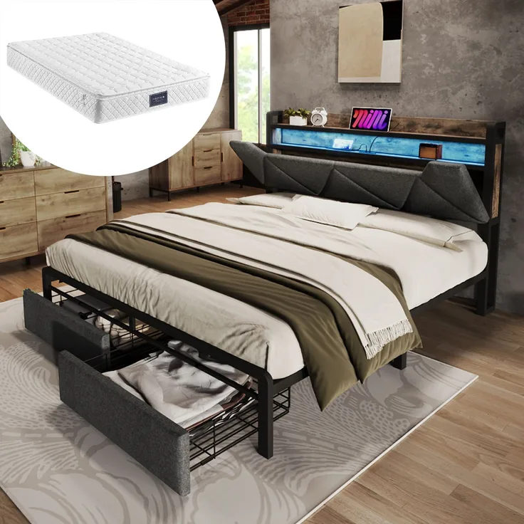 Bettgestell 140x200 cm mit LED-Kopfteil,Stauraum-Kopfteil & 2 Schubladen,Leinen Grau,USB & Typ-C Ladeanschlüsse,inklusive Matratze