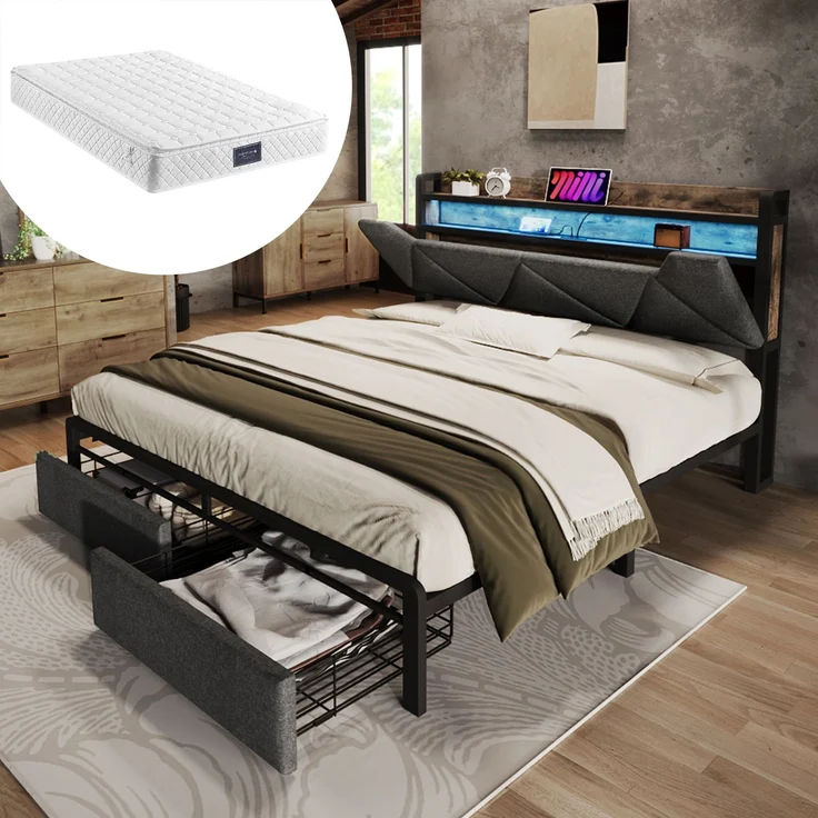 Bettgestell 140x200 cm mit LED-Kopfteil,Stauraum-Kopfteil & 2 Schubladen,Leinen Grau,USB & Typ-C Ladeanschlüsse,inklusive Matratze – Bild 1