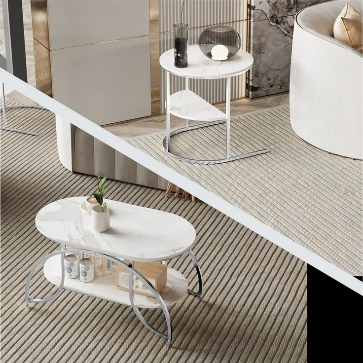 Furnishings Home Couchtisch Kaffeetisch 2er-Set runde Beistelltische aus Holz & Metall (2-St, Platzsparendes stapelbares Design, 80 x 46 x 45 cm + 52 x 51 cm), Moderne Kaffeetische für Wohnzimmer Schlafzimmer