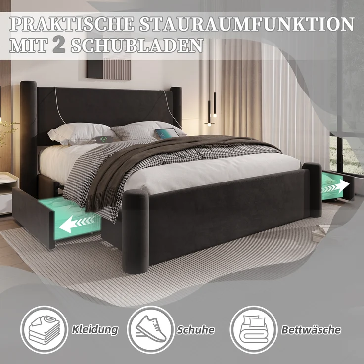 LVHOM Polsterbett 140x200cm Bettgestell, Doppelbett/Stauraumbett/Funktionsbett, Samt, dick gepolstertem Kopfteil, 2 praktischen Stauraumschubladen, integrierten USB-Anschlüssen – Bild 9