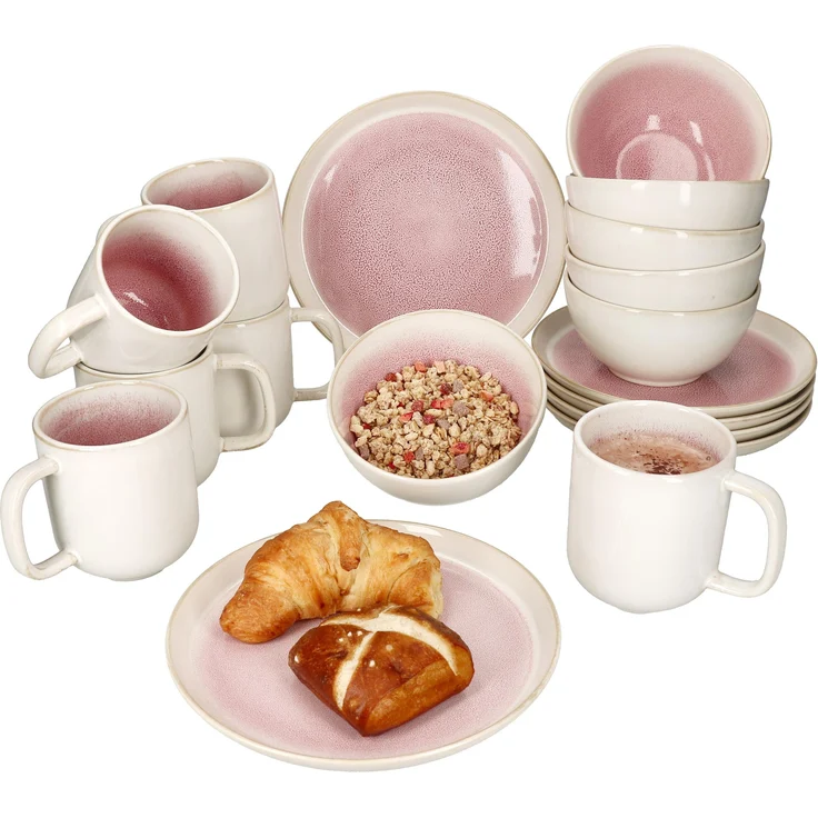 18tlg Frühstücksset Reactive Glaze Paris Steingut Teller Schalen Becher Pink – Bild 1