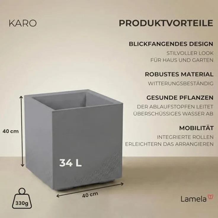 LAMELA Pflanzkübel mit Rollen 40 cm, 36L – Blumentopf aus Kunststoff in Betonoptik – Übertopf mit Wasserablauf – Modern für Innen & Außen - Wetterfest & Pflegeleicht, Grau – Bild 3