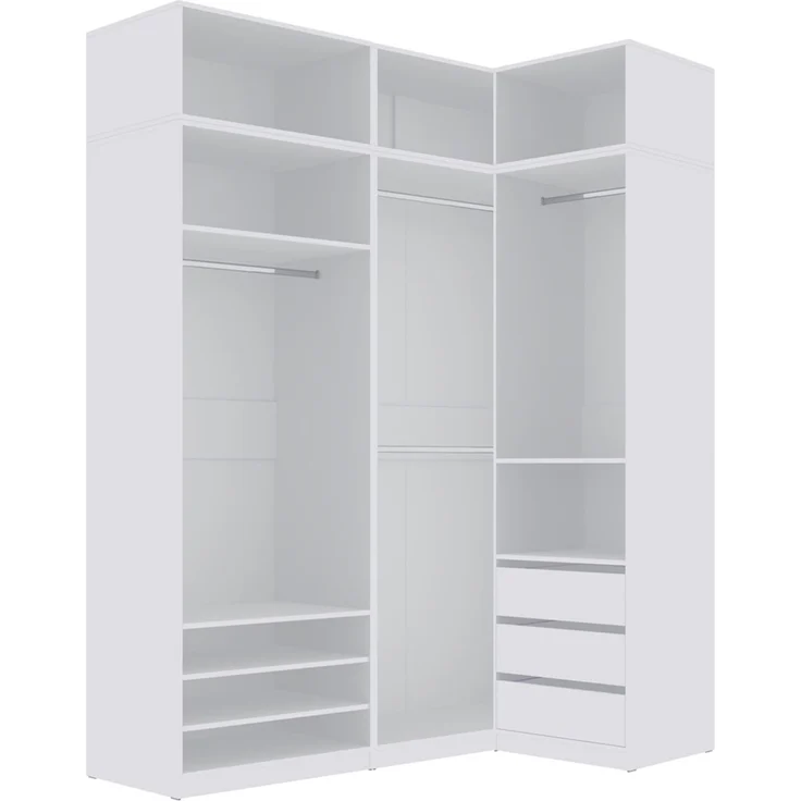 Marmex Möbel Tres Set-L/N (B) Eckkleiderschrank mit Schubladen ohne Türen, Einbauschrank über Eck mit Regalen und Kleiderstangen, laminierte Spanplatte, weiß 111/180x246x51 cm – Bild 10