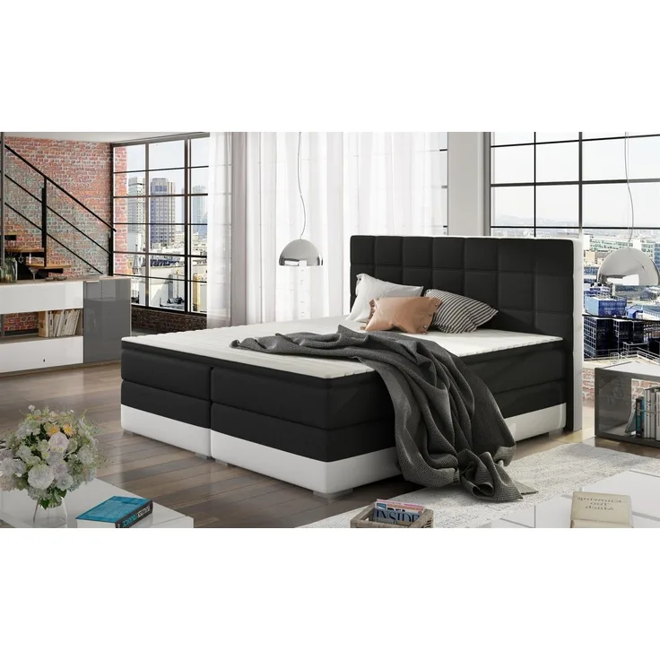 Boxspringbett 'Prato', Webstoff Schwarz/ Kunstleder Weiß, 180x200 cm, H3