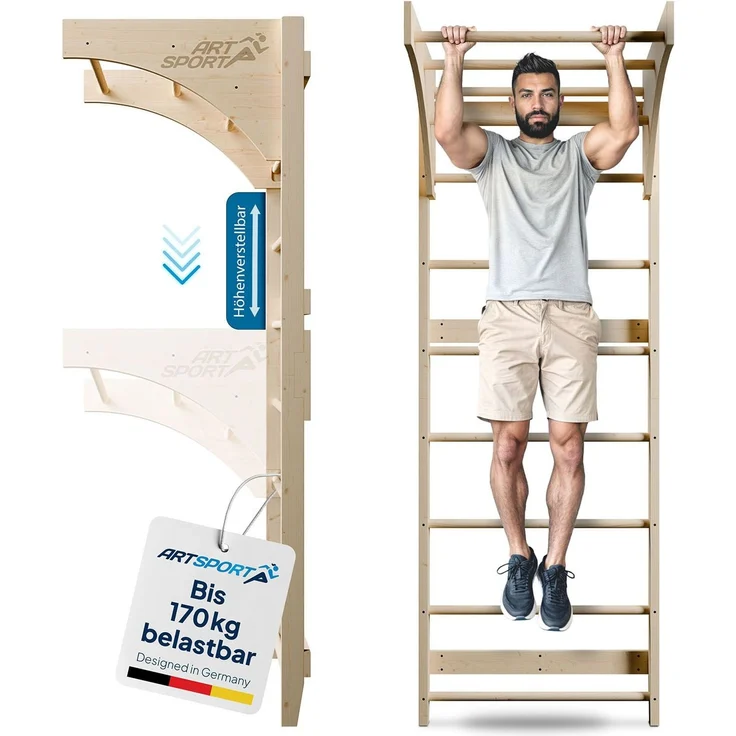 ArtSport Sprossenwand für Erwachsene - Indoor Klettergerüst aus Holz - Klimmzugstange & Krafttraining - Befestigung an Wand - Kletterwand - Natur – Bild 1