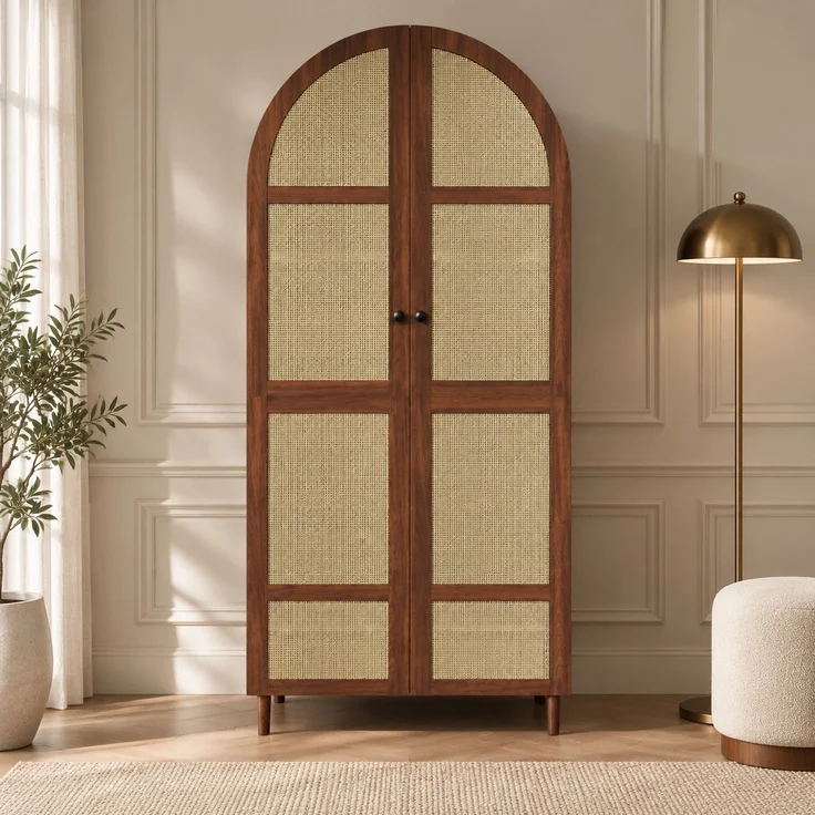DESVIAE Garderobenschrank Walnuss aus MDF/Spanplatte – 80x179x50 cm – Rattantüren, Schubladen – Bild 2
