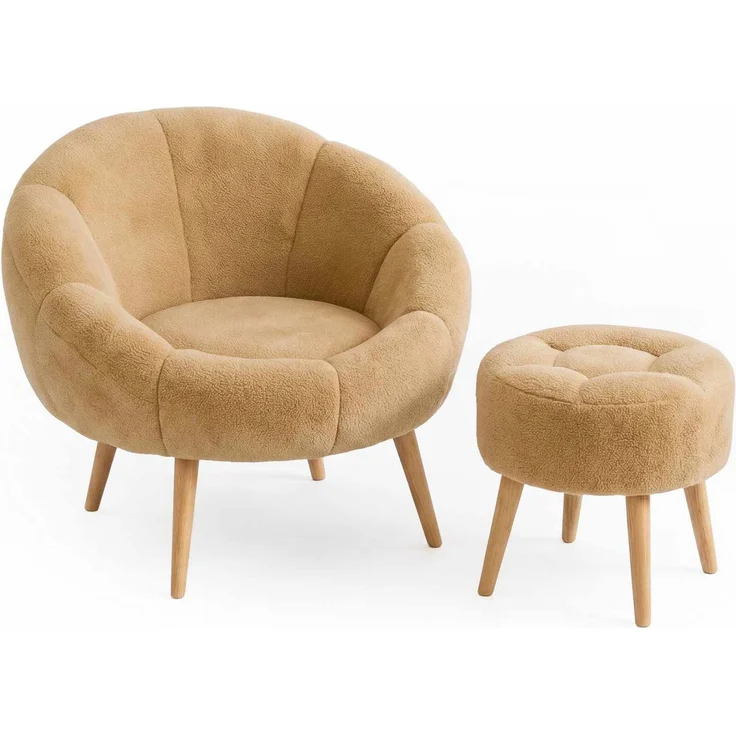 Hanah Home Elegantes Ohrensessel- und Hocker-Set (2-teilig), Braun | 100% melaminbeschichtet, 18 mm dick | Superweicher Schaumstoff, stilvoll und komfortabel – Bild 2