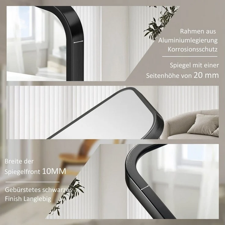 Hopibath Wandspiegel ganzkörper 180x80 150x50 160x40 140x40 mit Alurahmen (Ganzkörperspiegel Bogenspiegel Schwarz, rechteckig), für Schlafzimmer Wohnzimmer Garderobe Flur Friseurladen – Bild 2