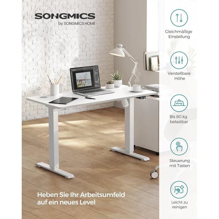SONGMICS Höhenverstellbarer Schreibtisch elektrisch, Tischgestell, Schreibtischständer mit Motor, stufenlos verstellbar, 120 x 60 x (73-114) cm, Stahl, weiß LSD011W01 – Bild 4
