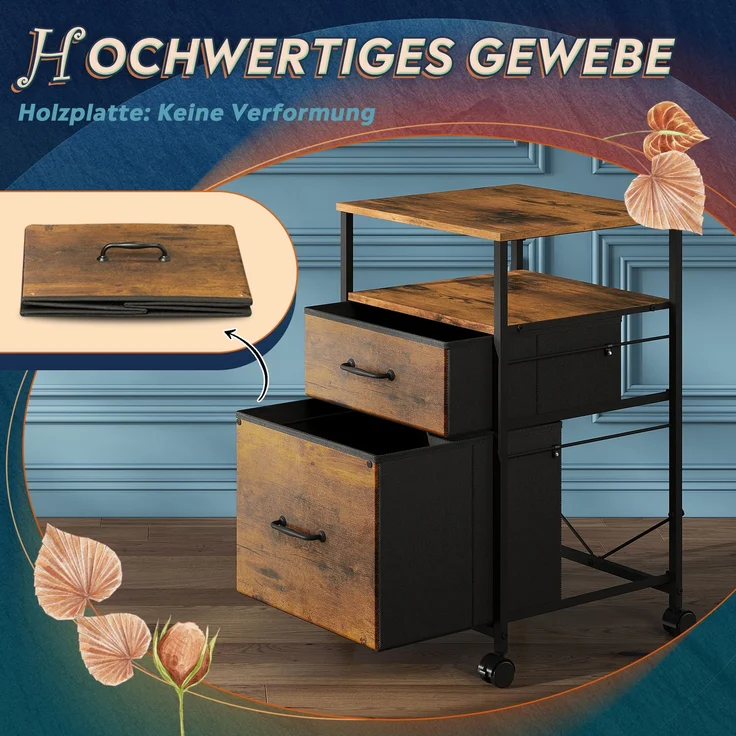 DEVAISE mobiler Bürocontainer, zwei textilbezogene Schubladen sowie offenes Fach, bremsbare Rollen, geeignet für A4-Dokumente, vintagebraun--Braun--68x40x39cm--YOUDENOVA – Bild 2