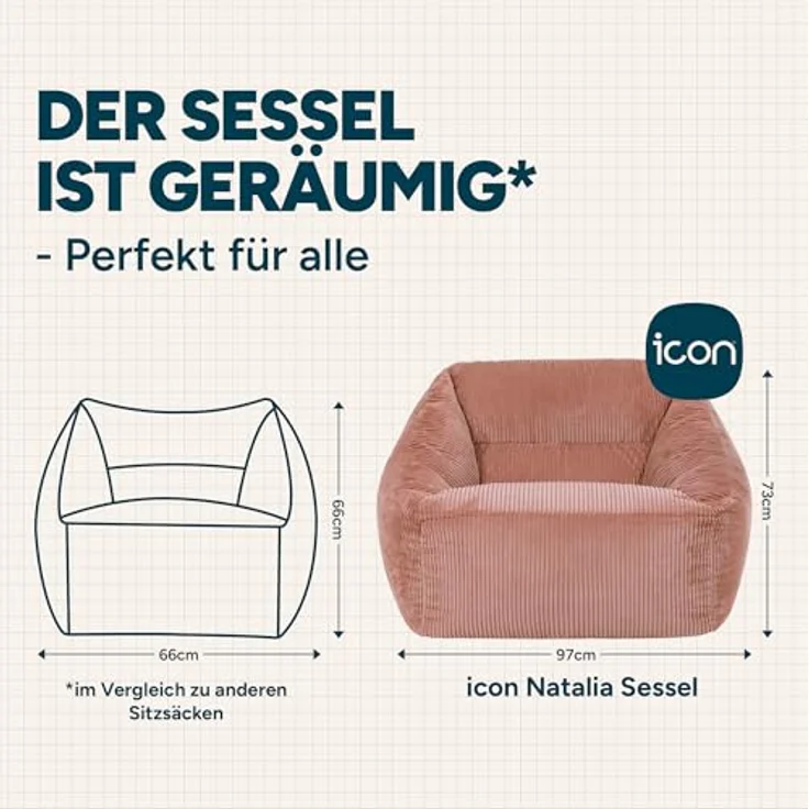 Icon Natalia Sitzsack Sessel für Erwachsene, Rosa, Flauschiger Cord Stoff, Riesen Sitzsack Cord mit Füllung, Bean Bag Chair, Bequemer Sessel Wohnzimmer, Lounge, Schlafzimmer, Büro – Bild 4