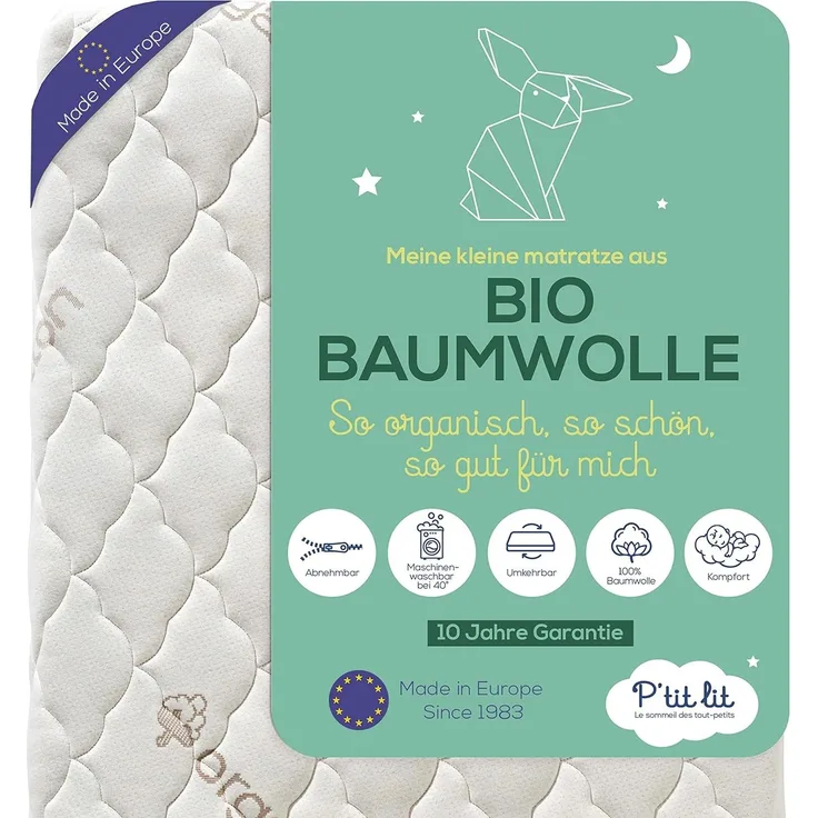 P'tit Lit - Babymatratze aus Bio-Baumwolle | 60x120 cm | 100% Baumwolle: Natürliches Material pflanzlichen Ursprungs | Ohne chemische Behandlung | Abnehmbar | OekoTex