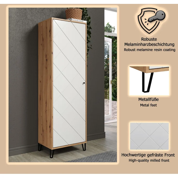 trendteam smart living - Touch - Garderobenschrank - Eiche/Weiß - Kleiderschrank mit ausziehbarer Kleiderstange - Soft-Close - Elegante Metallfüße - (BxHxT) 63 x 194 x 40 cm - Moderne Rautenfräsung – Bild 10