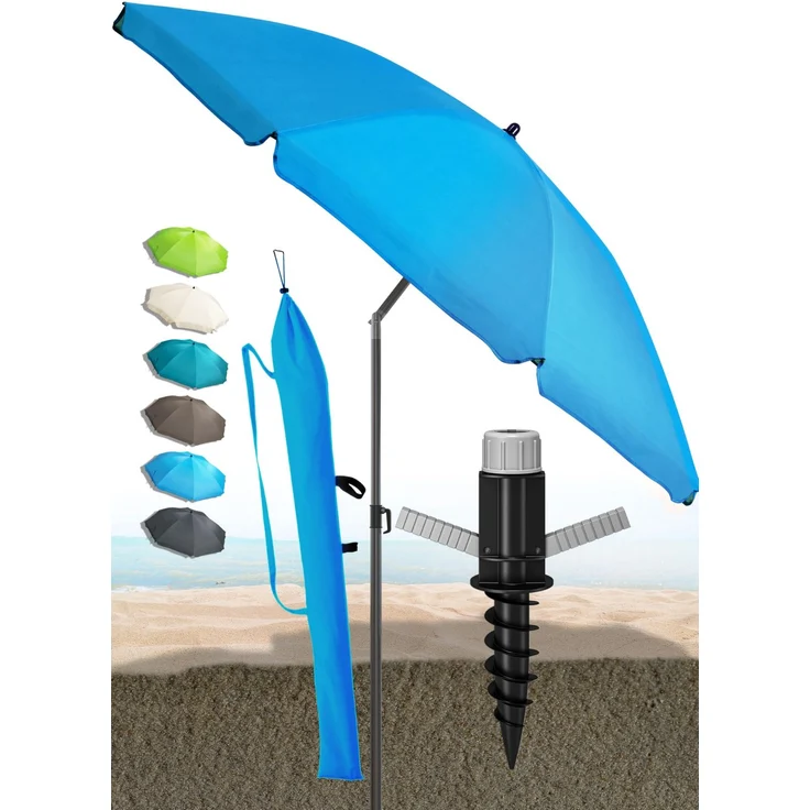 Menz Sonnenschirm Strand in Blau - Komplettes 3er-Set inkl. robustem Sonnenschirm + solider Bodenhülse + langlebiger Schutzhülle, Strandschirm windfest stabil, Strandschirm mit UV50+ Schutz