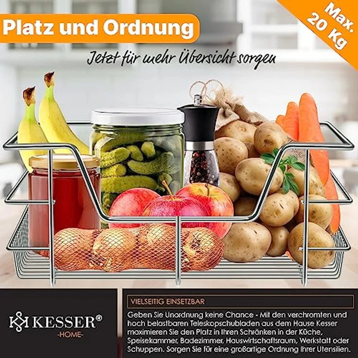 KESSER® Teleskopschublade 30-60cm Schrankbreite verchromt aus Edelstahl Schubladeneinsatz für Küchenschrank Korbauszug Schrankauszug 1x 60cm - Silber – Bild 5