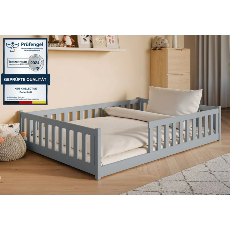 Kids Collective Kinderbett Bodenbett Bett mit Rausfallschutz & Lattenrost Montessori Bett Kinder (Jungen, Mädchen, Kinder, weitere Größen 80x160, 80x180, 90x190, 90x200, 120x200 cm), Jugendbett Einzelbett mit Matratze Aschgrau Kiefer 140x200 cm – Bild 1