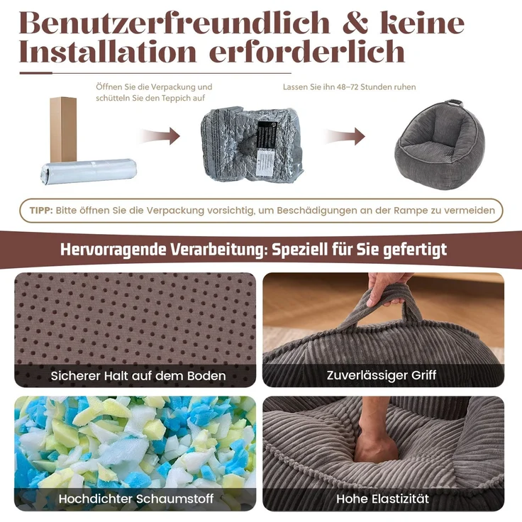 Sitzsack in Grau 90cm×90cm×59cm mit Cordbezug und Memory-Schaum-Füllung – ergonomische Rückenstütze – Bild 4