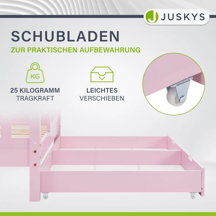 Juskys 'Marli' Kinderbett mit Matratze, Bettkasten, Rausfallschutz, Lattenrost & Dach - Massivholz Hausbett für Kinder - Bett in Rosa, 80x160 cm – Bild 5