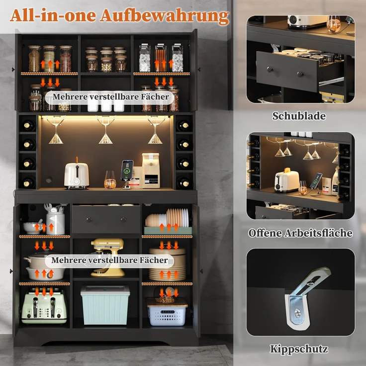Merax 180cm Küchenschrank, Hochschrank, Weinschrank mit verstellbaren Einlegeböden, Schublade, Edelstahl-Weinglashalter, Weinflaschenfächern, farbwechselnder LED-Beleuchtung und Steckdosen, Schwarz – Bild 8