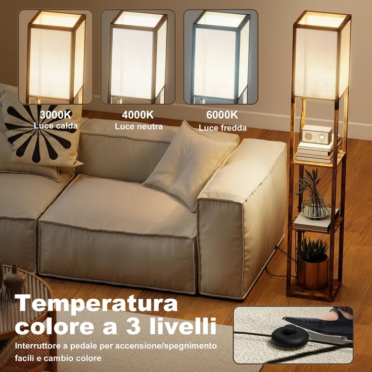 JARDJ Stehlampe mit Ablagen, dimmbarem Licht, Fußschalter und USB-Anschlüssen, Braun – Bild 7