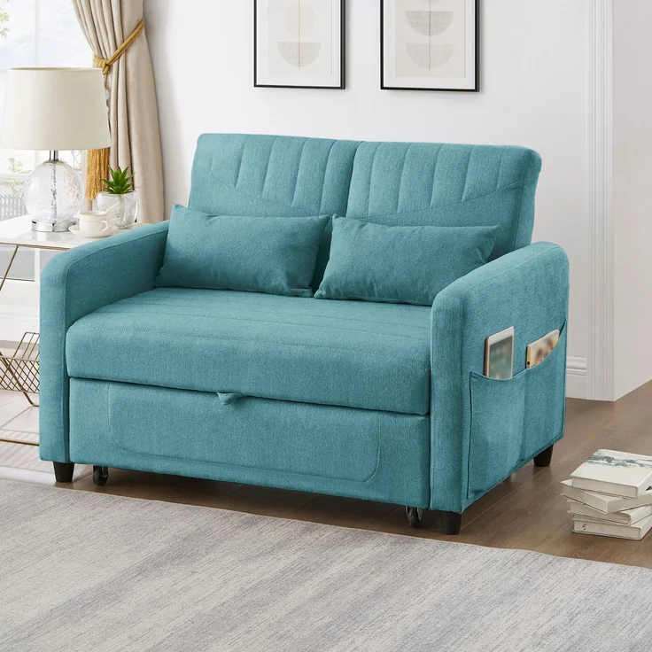 Ausziehsofa mit Schlaffunktion,3-stufig verstellbare Rückenlehne, Baumwoll-Leinen-Bezug, hochdichter Schaumstoff – Bild 3