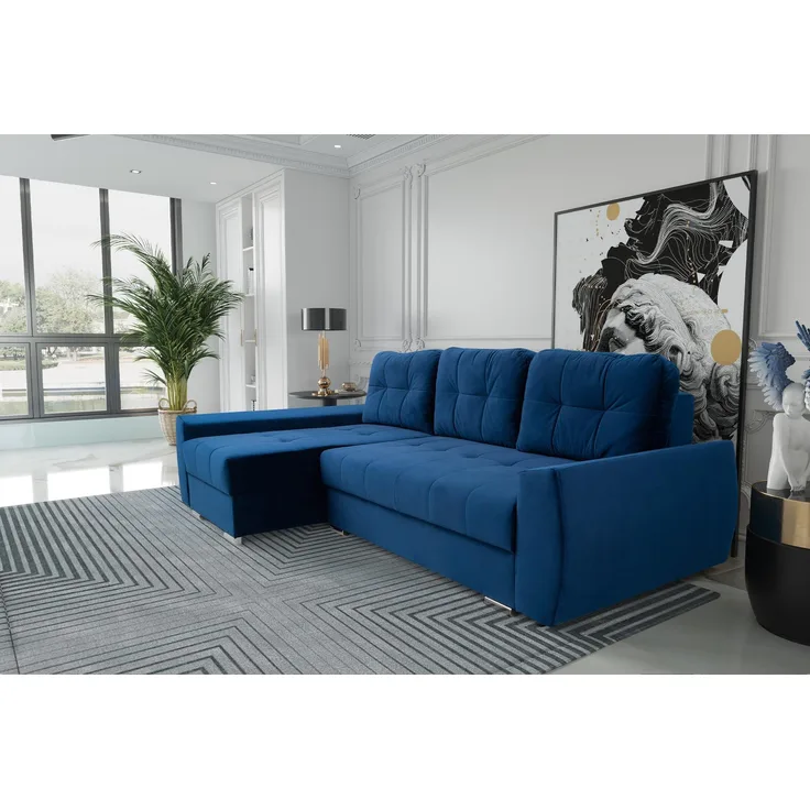 MEBLINI Schlafcouch mit Bettkasten - FURLA - 250x151x90cm Links - Blau Samt - Kleines Ecksofa mit Schlaffunktion - Sofa mit Relaxfunktion und Kissen - Kleine Couch L-Form - Eckcouch