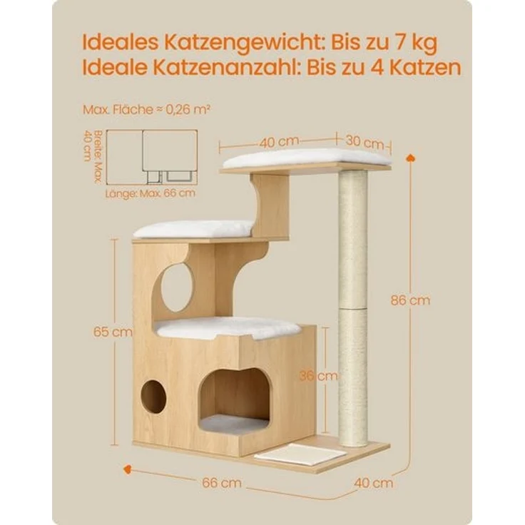 FEANDREA Kratzbaum, Kletterbaum für Katzen, mit Liegeflächen und Höhle, Sisal-Kratzmatte, Plüschkissen, 86 cm, gelb – Bild 5