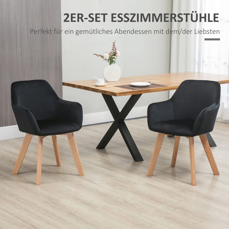 HOMCOM Esszimmerstuhl, Samt(100% Polyester), Gummiholz, Schwarz, 54L x 57B x 80H cm – Bild 4