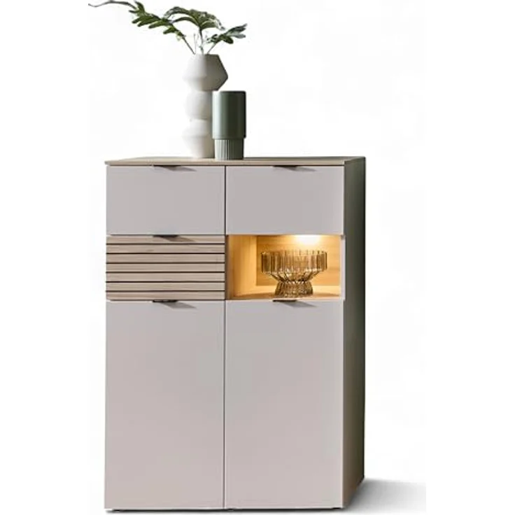 Stella Trading INA Highboard in Kaschmir, Riva Eiche Optik FSC-Zertifiziert - Moderner Wohnzimmerschrank mit Schubladen und LED-Beleuchtung - 84 x 125 x 45 cm (B/H/T) – Bild 2