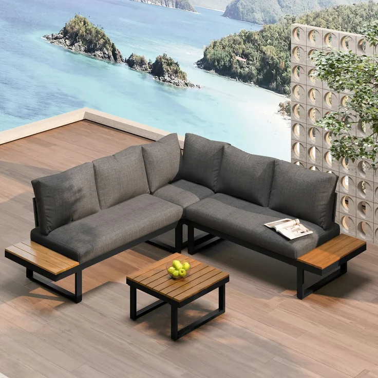 Merax Garten-Freizeitset mit Sofagarnitur und Couchtisch, Grau / Schwarz