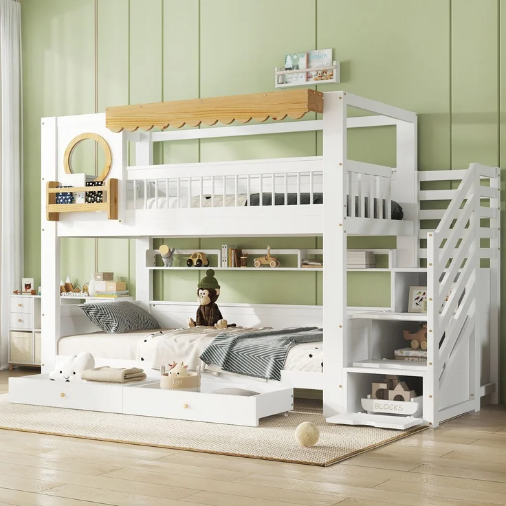 Merax Kinderbett, 90x200cm Jugendbett, Etagenbett, Zwei Aufbewahrungsschublade mit Rollen, Mit Treppenschrank, Mit mit einer Reihe von 2 Meter langen Regalen, Seitliche Ablage, Kiefer + MDF, Weiß – Bild 2