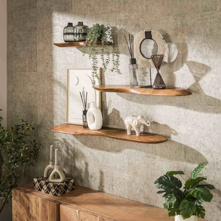 Wandregal Akazie massiv, organisches Design mit Baumkante, modern, Braun, 60 cm, Unikat