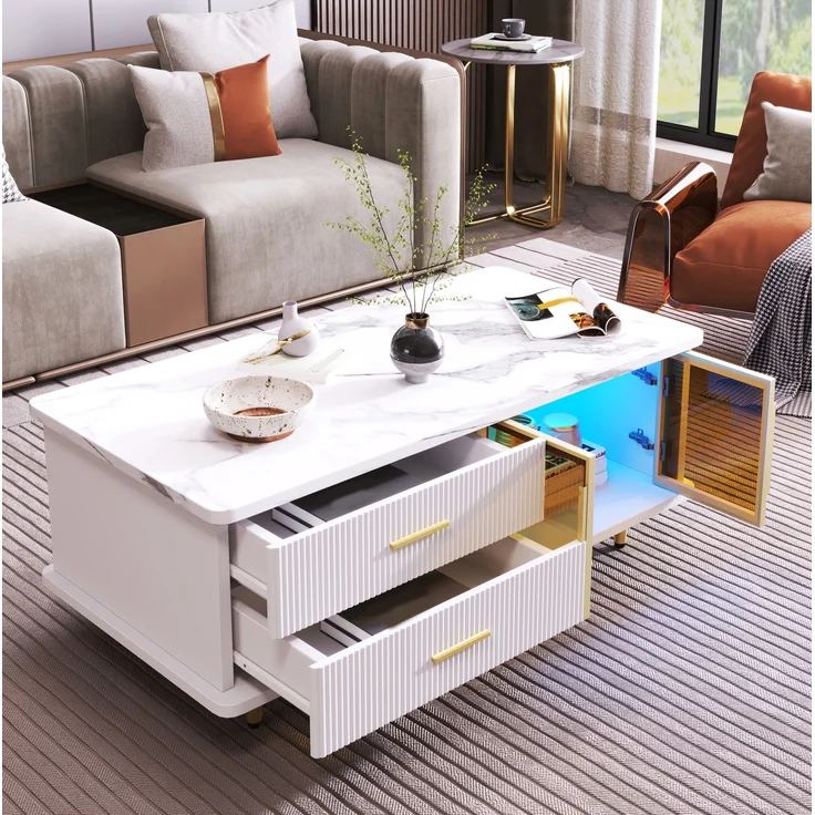 DESVIAE Couchtisch mit LED-Beleuchtung und 2 Schubladen, 100x50x40 cm, Spanplatte, Weiß und Gold – Bild 4