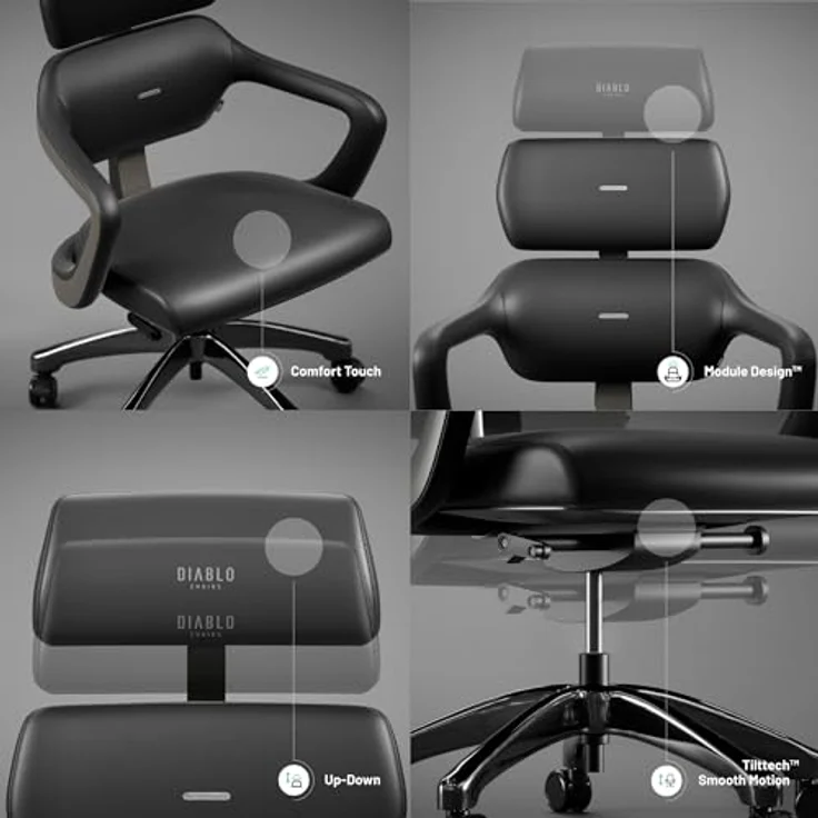 Diablo Bürostuhl Ergonomisch V-Modular | Schreibtischstuhl mit Verstellbarer Rücken, Sitz und Rückenlehne, Abnehmbare Kopfstütze | Öko-Leder Chefsessel für Büro, Home Office | Schwarz – Bild 4