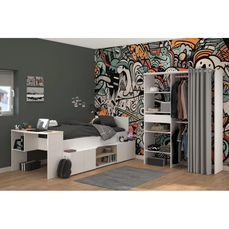 Jugendzimmer Hochbett Cleo von Parisot Jugendbett Funktionsbett 90 x 200 cm in Weiß und Jackson Eiche mit Stauraum komplett Set - in verschiedenen Zusammenstellungen wählbar - 2 teilig , halbhohes Hochbett und Kleiderschrank