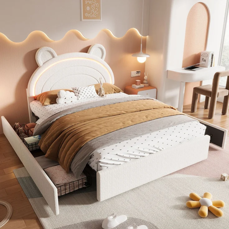 Abrihome Kinder-Polsterbett 140x200 cm, Beige, Bären-Kopfteil, 4 Schubladen, App-LED, 220 kg – Bild 1