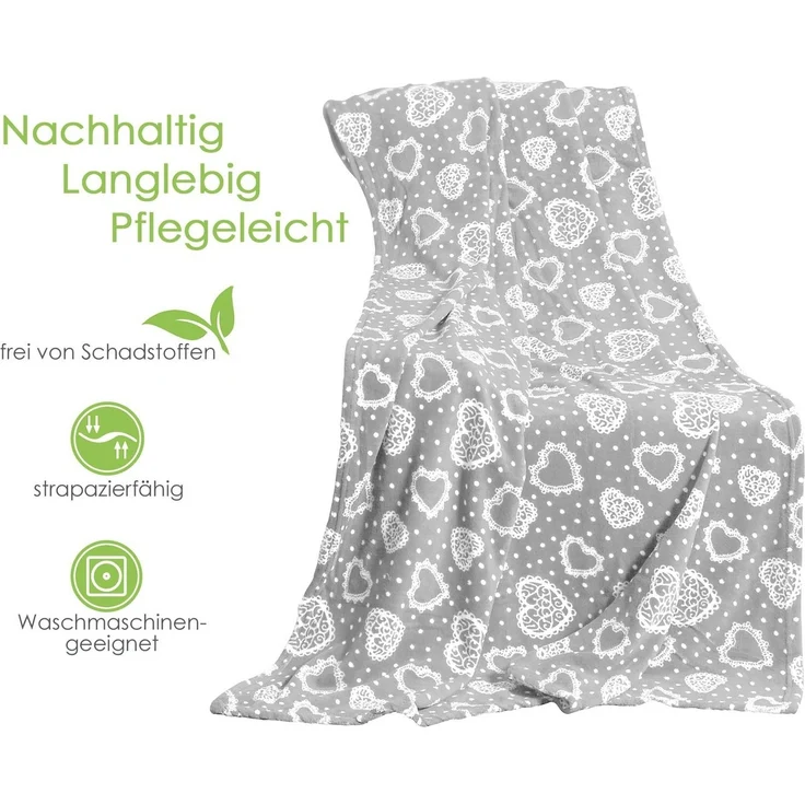 Wohndecke Kuscheldecke Herzen Flanell Sofadecke Landhaus, heimtexland, kuschelig weich und warm I XL 150x200 I Schadstoffgeprüft – Bild 3