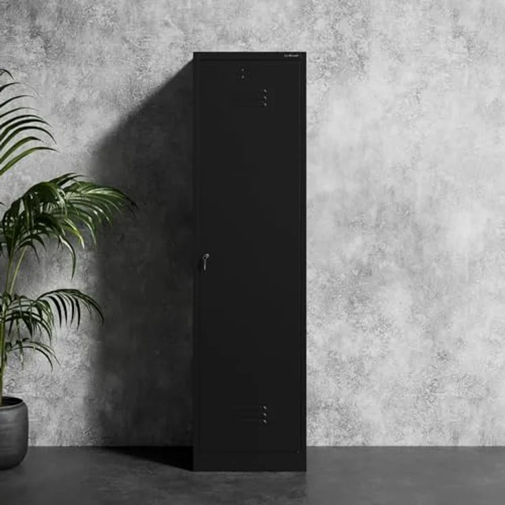 Jan Nowak Besenschrank Haushaltsschrank Metall - Agnes | 50 x 185 x 50 cm | Mehrzweckschrank Weiß mit Regale und Kleiderstange | Schloss, Belüftung | Putzschrank Schmal 50 cm Breit | Schwarz – Bild 2