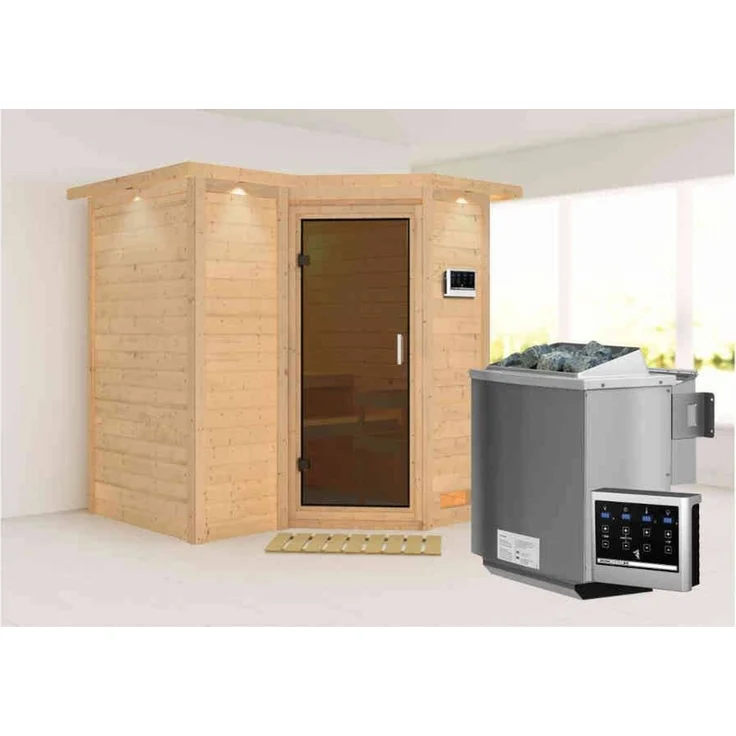 Karibu Sauna Sahib 1 mit Dachkranz + 9kW BIO-Kombiofen mit ext. Steuerung Easy Graphit-Ganzglastür – Bild 1