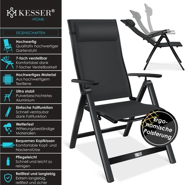 KESSER Gartenstuhl Hochlehner, klappbar mit 7-fach verstellbarer Rückenlehne & Armlehnen, Aluminium schwarz, inkl. Kopfkissen – Bild 1