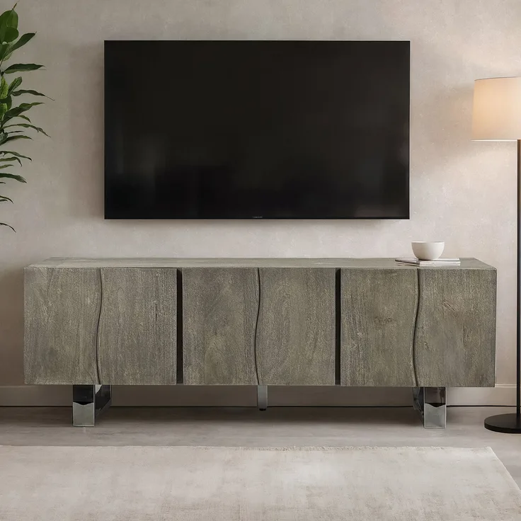 FINEBUY Lowboard FB111428 TV Schrank 160 cm Smoked Grey Holz Massiv Fernsehkommode Grau (drei Türen, 160 cm, Akazie Massivholz Smoked Grey), TV-Schrank Modern Fernsehtisch, TV-Kommode Hoch