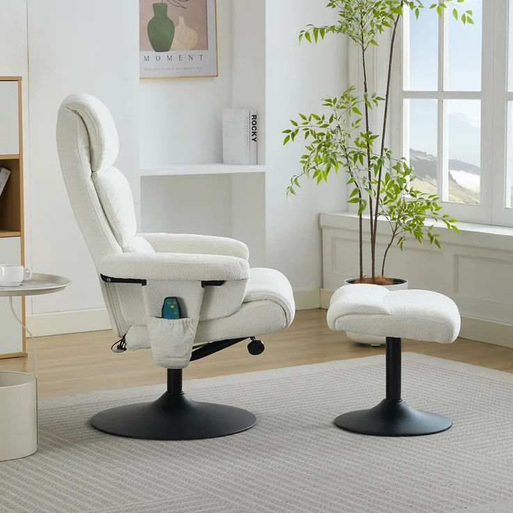 DESVIAE Sessel mit Hocker, Massage- und Heizfunktion, 75,5x100x77 cm, Chenille Weiß – Bild 2