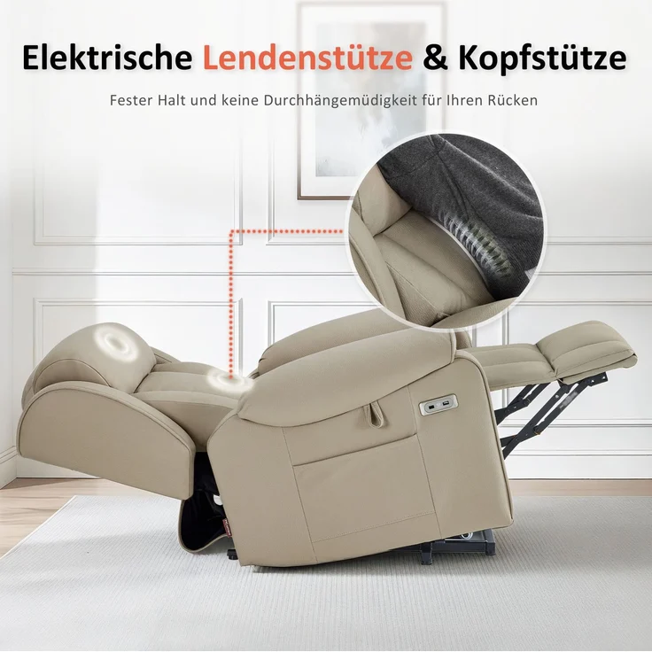 M MCombo 4-Motoren-Fernsehsessel mit Aufstehhilfe Elektrisch, Elektrische Lenden- & Kopfstütze 165°Zero-Gravity Sessel mit Aufstehhilfe, Massage & Heizung 7558 (Mikrofaser, Beigebraun) – Bild 4